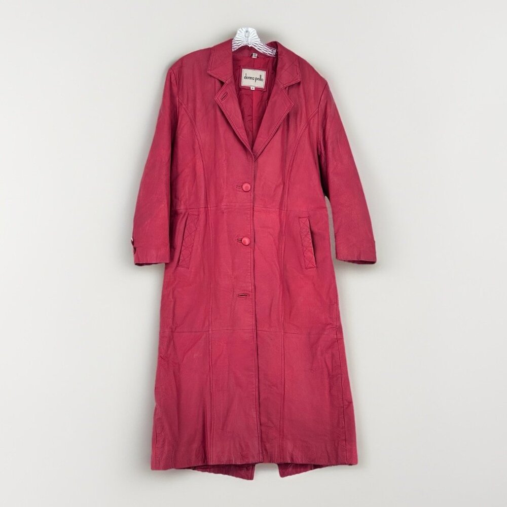 Vintage Donna Pelle Red Leather Trench Coat Medium Long Authentic Pre-Owned